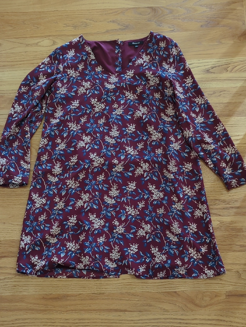 Madewell Burgundy Floral V-Neck Dress with Blue and Cream Print